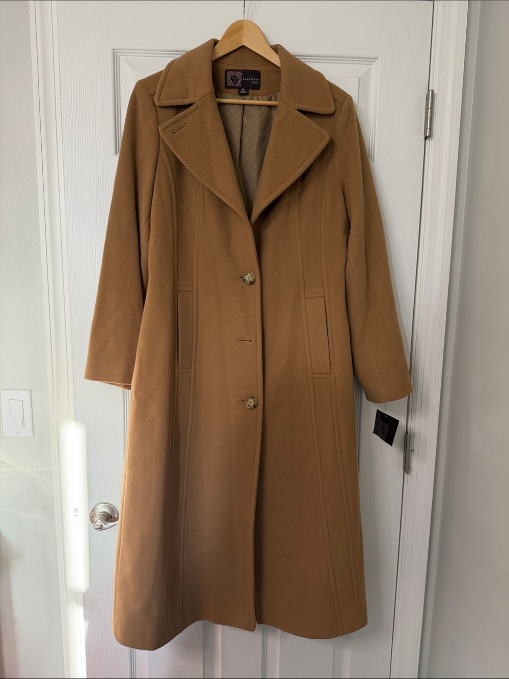 Anne Klein Tan Single-Breasted Cashmere Blend Long Pea Coat